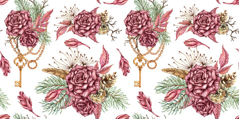 Burgundy roses, fir branches, cones, chains, gears, key, pendant seamless pattern watercolor illustration. Isolated. Vintage steampunk Christmas and New Year design for wrapping paper, textiles, 