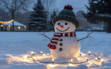 Obraz premium Festive snowman in snowy landscape with warm glowing string lights.