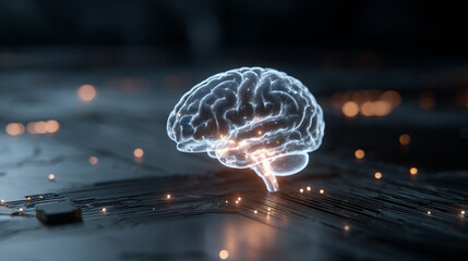 Glowing human brain model on a dark futuristic circuit board