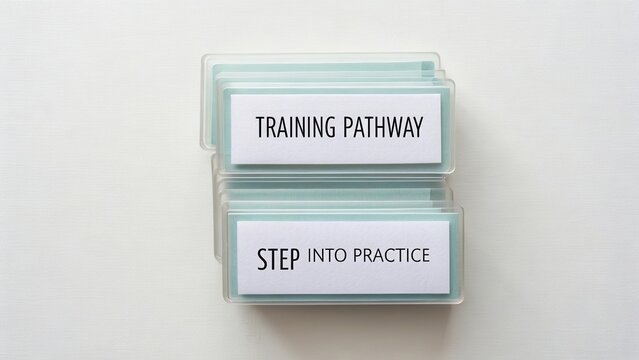 Thoughtful layout of training pathway cards inviting learners to step into practice and develop essential skills for personal growth.