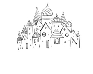Obraz premium French village, beautiful rural style, traditional houses, sketch on white background