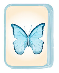 A hand-painted watercolor illustration of a Mahjong tile featuring a blue butterfly in soft pastel tones. This sweet and elegant design is perfect for Asian-inspired artwork, greeting cards, Mahjong i