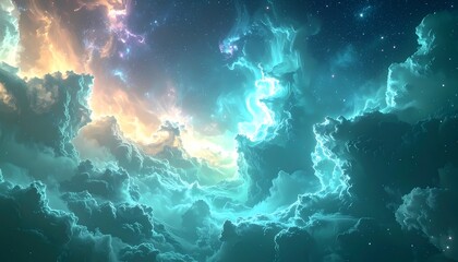 Fototapeta premium Vibrant Ethereal Cloudscape with Glowing Light and Mystical Atmosphere.