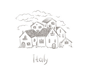 Fototapeta premium French village, beautiful rural style, traditional houses, sketch on white background