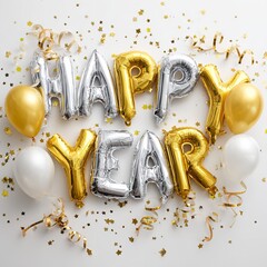 Happy year foil balloons in gold and silver with confetti and balloons on a white background