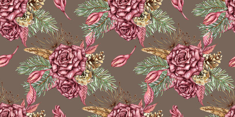 Burgundy roses, fir branches, cones, dried flowers and leaves seamless pattern watercolor illustration. Earth tone isolated, suitable for Christmas and New Year wrapping paper, fabric, invitations, 
