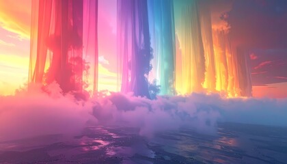 Obraz premium Vibrant Rainbow Light Beams Illuminating Dreamy Cloudscape at Sunset.