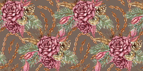 Burgundy roses, fir branches, cones, dry branches, dried flowers, leaves and chains seamless pattern watercolor illustration. Earth tone isolated, suitable for Christmas and New Year wrapping paper, 