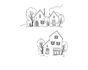Fototapeta premium French village, beautiful rural style, traditional houses, sketch on white background