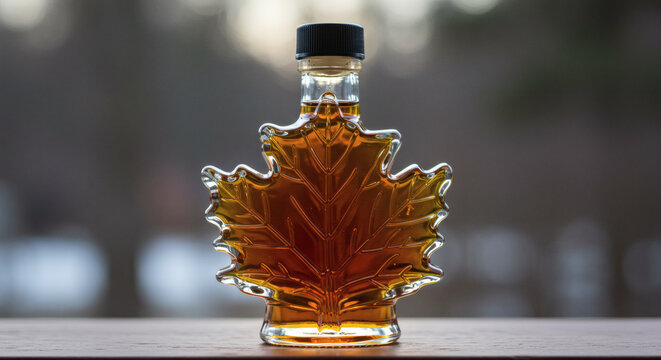 Rich amber maple syrup captured in a decorative leaf-shaped glass bottle, perfect for gourmet breakfast presentations and holiday gifting.