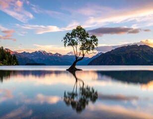Serene landscape lone tree grows in tranquil lake with mountains