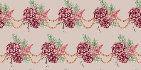 Burgundy roses, fir branches, cones, dry branches, dried flowers, leaves and chains - seamless pattern, watercolor illustration. Isolated warm nude, suitable for Christmas and New Year wrapping paper,
