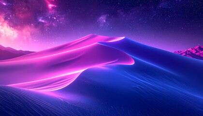 Vibrant Neon Desert Dunes Under a Cosmic Sky with Purple and Blue Hues.