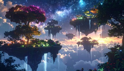 Fantasy World Floating Islands with Glowing Trees and Starry Sky.