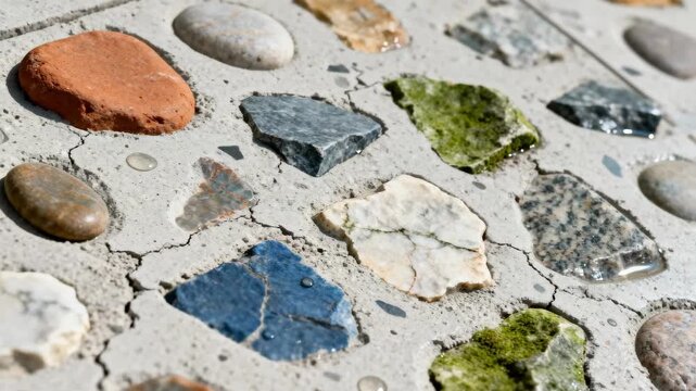 Detailed view of exposed aggregate concrete being treated revealing embedded stones and a rough decorative texture that adds visual interest to outdoor flooring.
