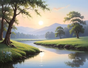 Serene landscape painting depicts river, trees, and mountains at sunset