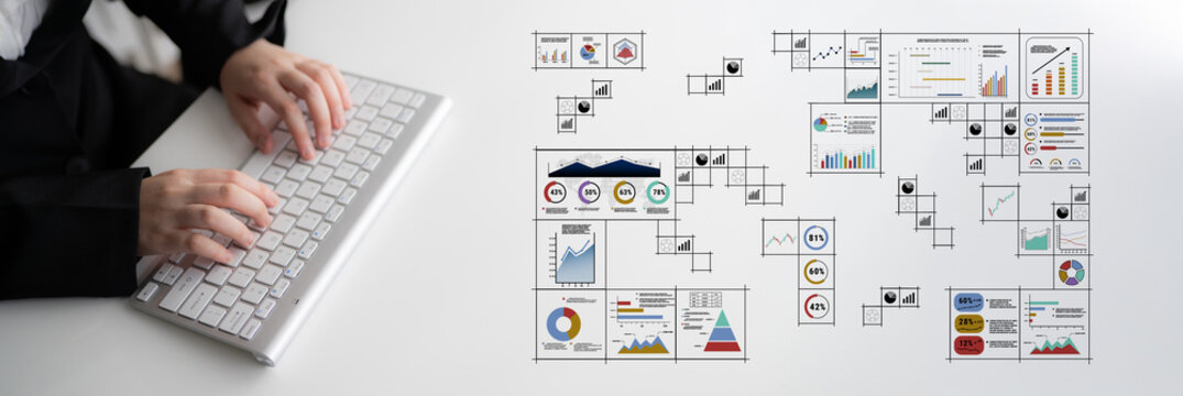 A big data visualization and business analytics dashboard grid. A complex collection of charts and graphs for comprehensive company reporting. Motif - Powered by Adobe
