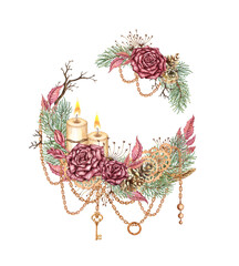 Wreath of burgundy roses, fir branches, cones, chains, key, gear pendants and candles. Watercolor illustration in steampunk style for Christmas and New Year decor. Isolated from background.
