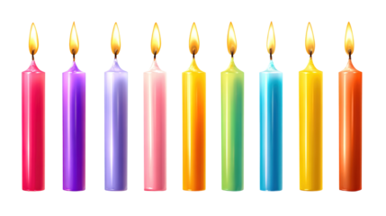 Row of colorful birthday candles with flickering flames, isolated on a soft blue background.