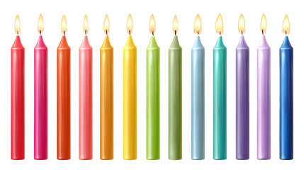 Row of colorful birthday candles with flickering flames, isolated on a soft blue background.