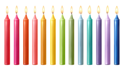 Row of colorful birthday candles with flickering flames, isolated on a soft blue background.
