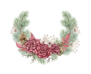 Wreath of burgundy roses, fir branches, cones, dried flowers, dry branches. Watercolor illustration in steampunk style for Christmas and New Year decor. Isolated from the background.
