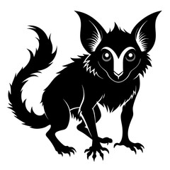 Obraz premium Stylized illustration of a black creature resembling a tarsier or lemur with large eyes and a bushy tail, in a crouched position