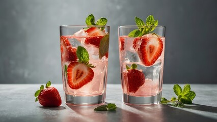 Refreshing strawberry mint infusion with ice and sparkling water in summer light