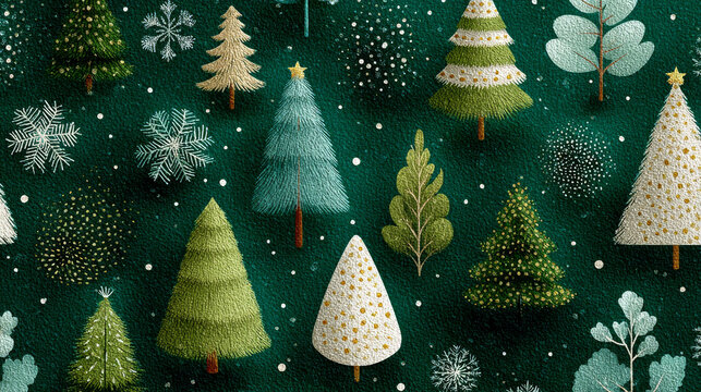 Festive green background with embroidered trees and snowflakes creates cozy holiday atmosphere
