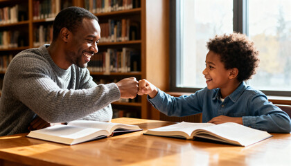 A joyful father and son sitting at a wooden table in a sunlit library, bumping fists with smiles, symbolizing education, motivation, teamwork, and the emotional bond of learning together.
