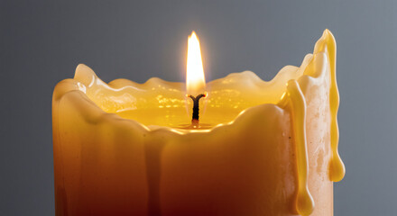 Warm glowing candle flame melts golden wax creating a serene and peaceful ambiance ideal for relaxation and meditation scenes