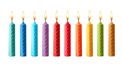 Group of colorful candles on a table in a living room, bright colors