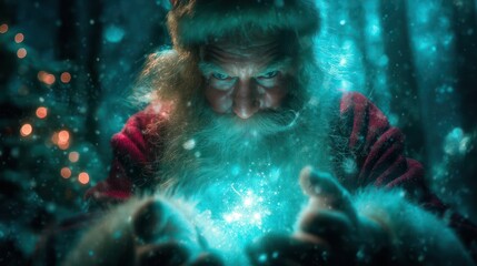 Mysterious glowing blue energy emanating from a person s hands in a dark enchanted forest setting