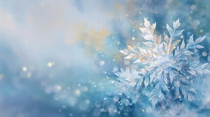 Close up of a delicate intricate snowflake shimmering with soft light against a blurred frosty winter background