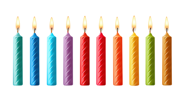 Group of colorful candles on a table in a living room, bright colors