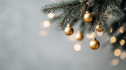 Close up of a decorated christmas tree branch with golden baubles and soft bokeh lights in the background