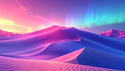 Vibrant Desert Dunes Under a Colorful Sky with Aurora Borealis.