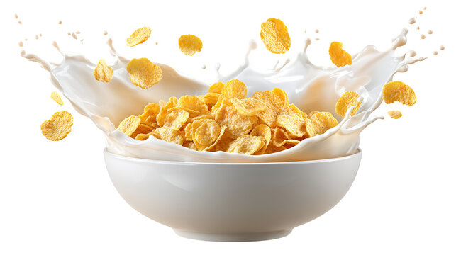 top view of crispy corn flakes in bowl with spoon and milk isolated on white.