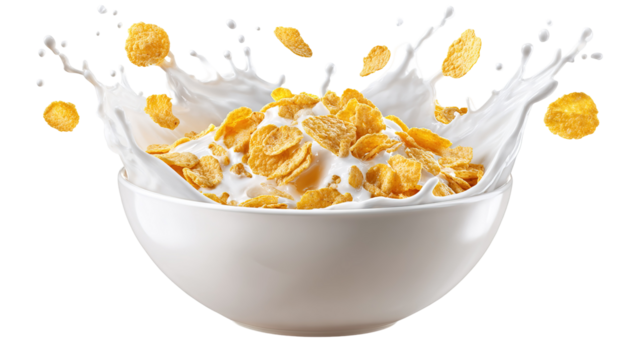 top view of crispy corn flakes in bowl with spoon and milk isolated on white.
