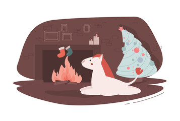 Vector cute little horse lies near a fireplace, big Christmas tree. Waiting for Santa. Flat cartoon holiday illustration. 2026 symbol. New Year's kids card. Decorated holiday room. Cozy winter night