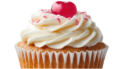 A cup cake cut in half, revealing the delicious strawberry filling inside