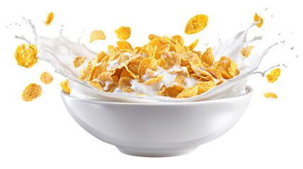 top view of crispy corn flakes in bowl with spoon and milk isolated on white.