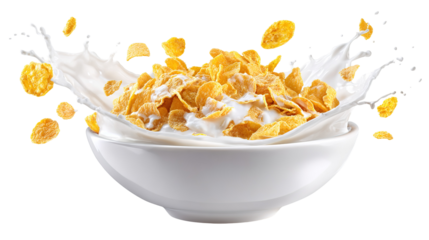 top view of crispy corn flakes in bowl with spoon and milk isolated on white.