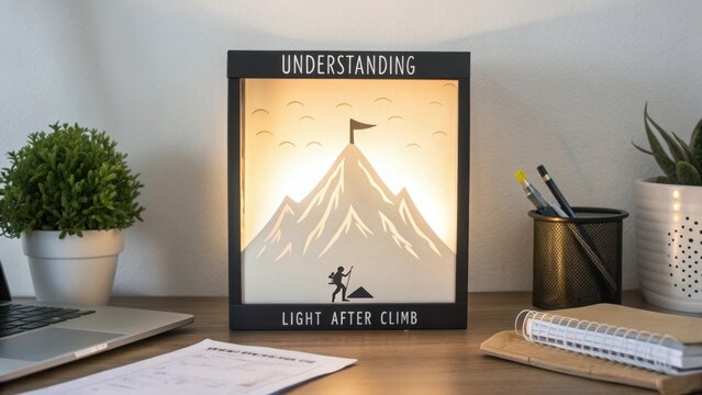 Inspirational desk decor featuring mountain landscape design with motivational quote about understanding and perseverance in personal growth