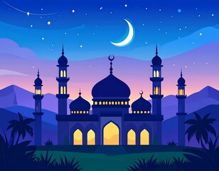 Serene night scene featuring a mosque under a crescent moon