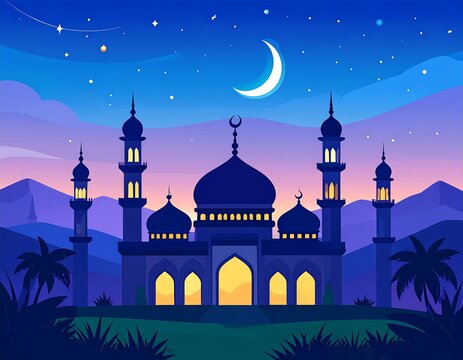 Serene night scene featuring a mosque under a crescent moon