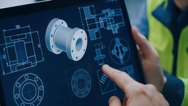 Mechanical consulting with digital technical drawing of pipe flange, industrial part, and 3D model for engineering design and innovation tablet screen