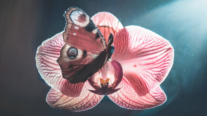 A purple orchid flower levitating with a Peacock butterfly perched on its center, colorful iridescent wings, soft spotlight in studio setting, black background, elegant and vibrant composition, high d