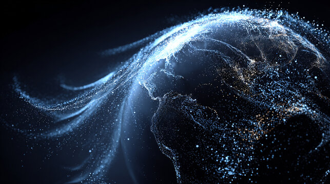 Abstract glowing particles swirling around planet earth at night