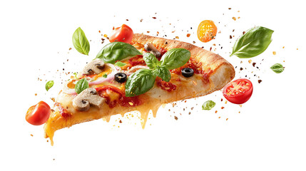 Template with delicious tasty slice of pepperoni pizza flying on white background. 